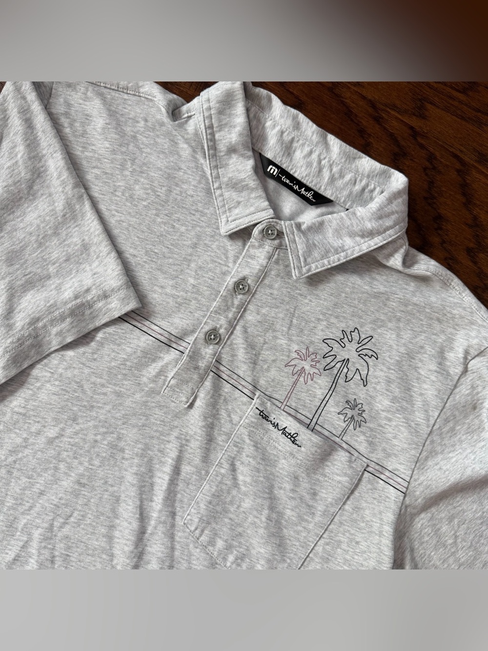 Travis Mathew Men’s Polo Shirt XL Gray Palm Trees Pocket Golf Performance